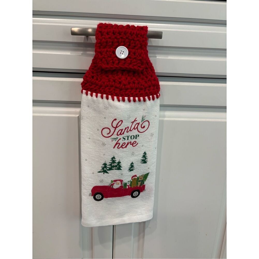 Crochet Top Kitchen Towel-Santa stops here